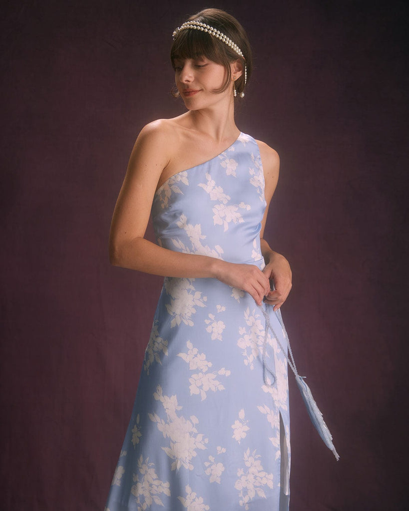 The Blue One Shoulder Floral Maxi Dress Dresses - RIHOAS