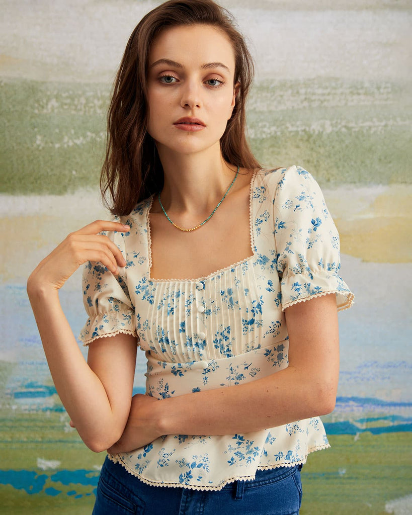 The Blue Puff Sleeve Pleated Floral Blouse Tops - RIHOAS