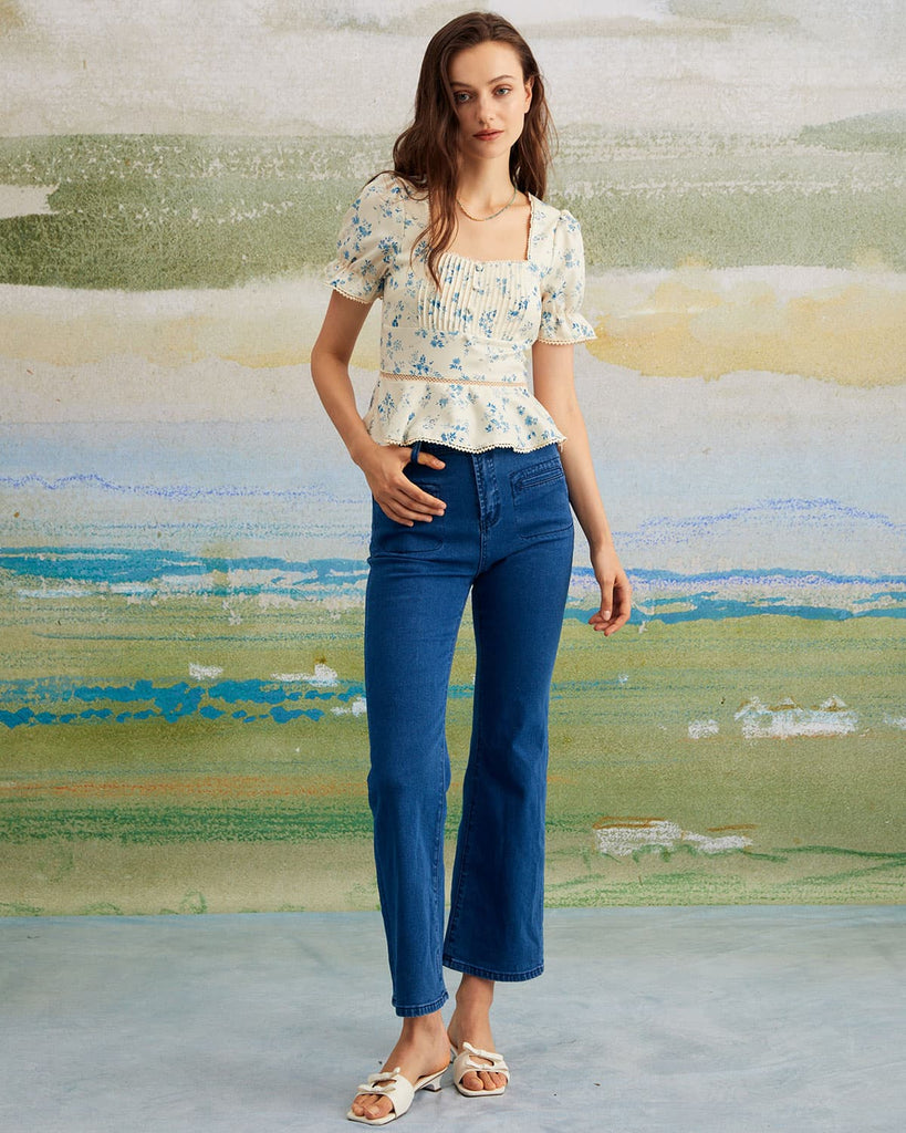 The Blue Puff Sleeve Pleated Floral Blouse Tops - RIHOAS
