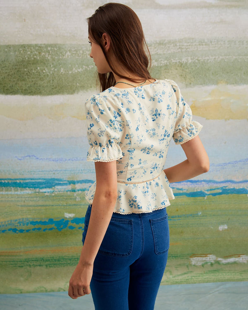 The Blue Puff Sleeve Pleated Floral Blouse Tops - RIHOAS
