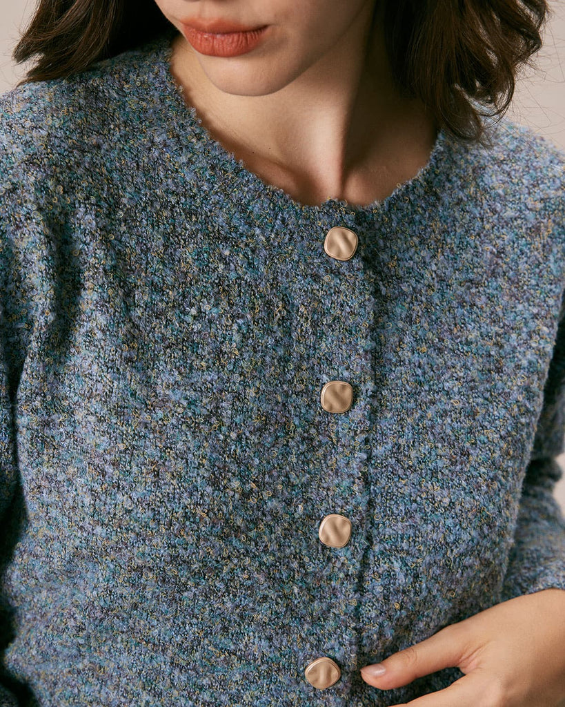 The Blue Round Neck Button Cardigan Tops - RIHOAS