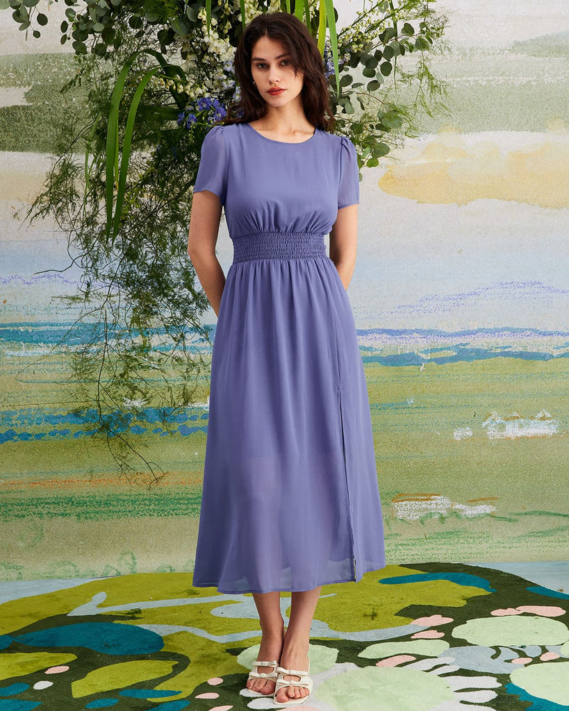 The Blue Round Neck Ruched Midi Dress Blue Dresses - RIHOAS