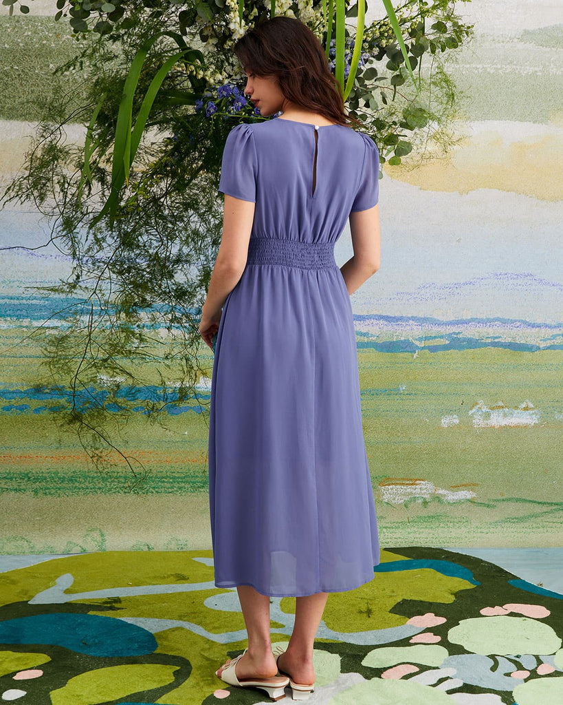 The Blue Round Neck Ruched Midi Dress Dresses - RIHOAS