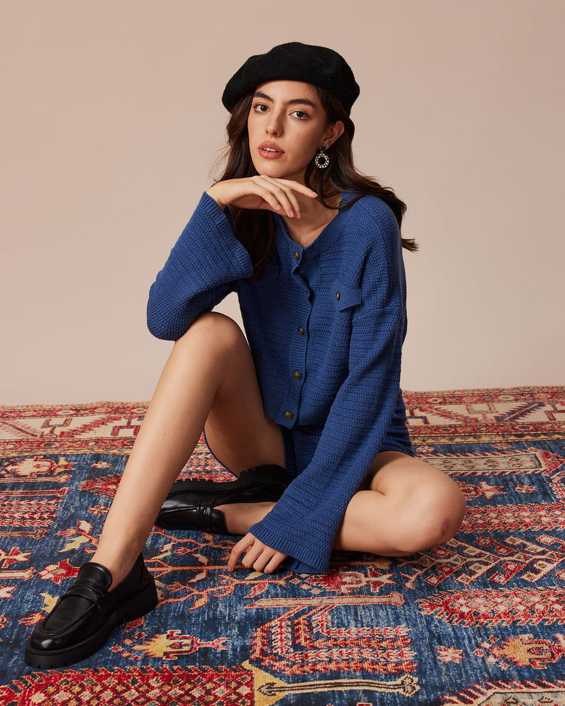 The Blue Round Neck Solid Cardigan Tops - RIHOAS
