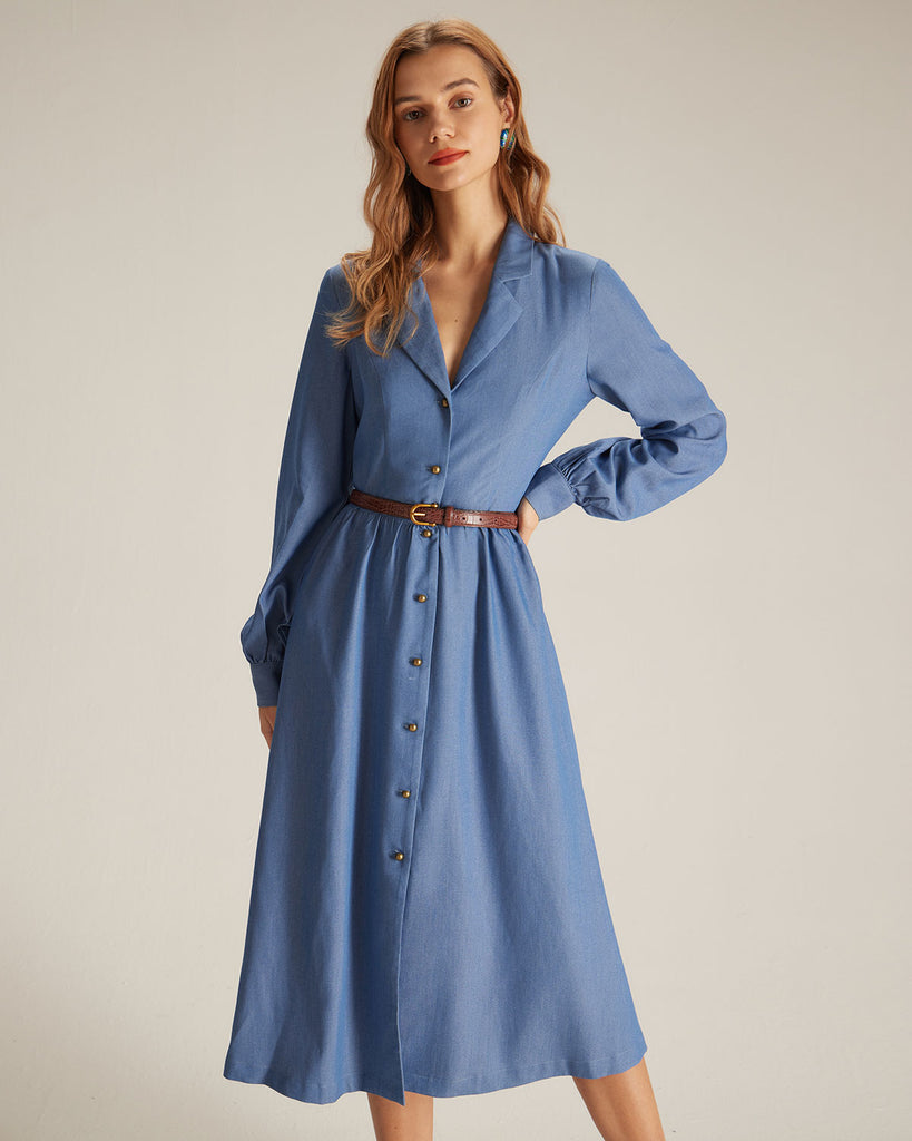 The Blue Single-breasted Midi Dress Blue Dresses - RIHOAS