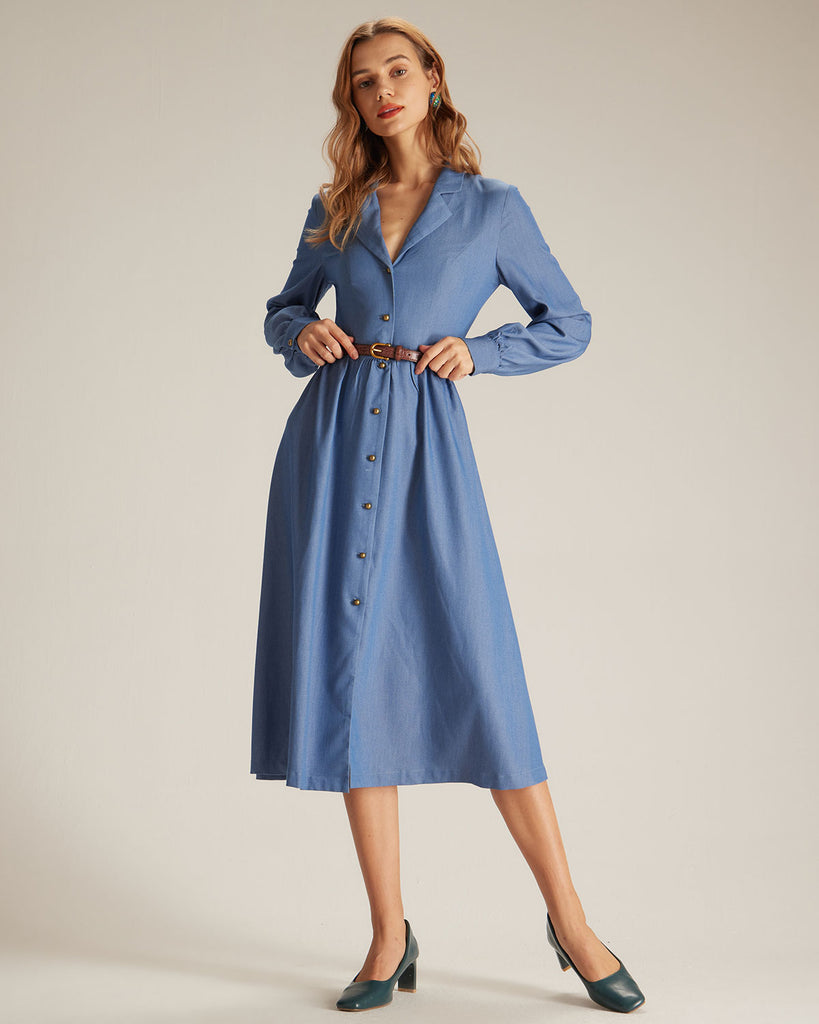 The Blue Single-breasted Midi Dress Dresses - RIHOAS