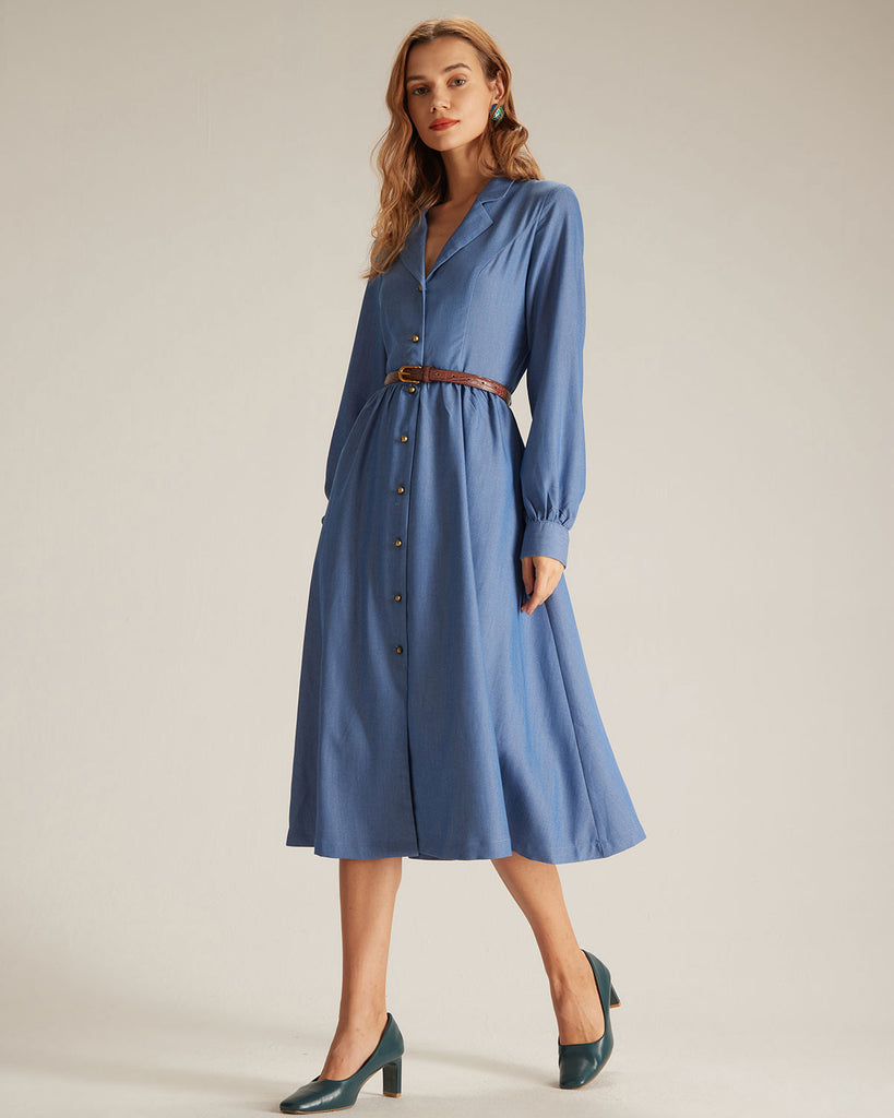 The Blue Single-breasted Midi Dress Dresses - RIHOAS
