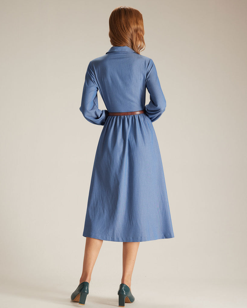 The Blue Single-breasted Midi Dress Dresses - RIHOAS