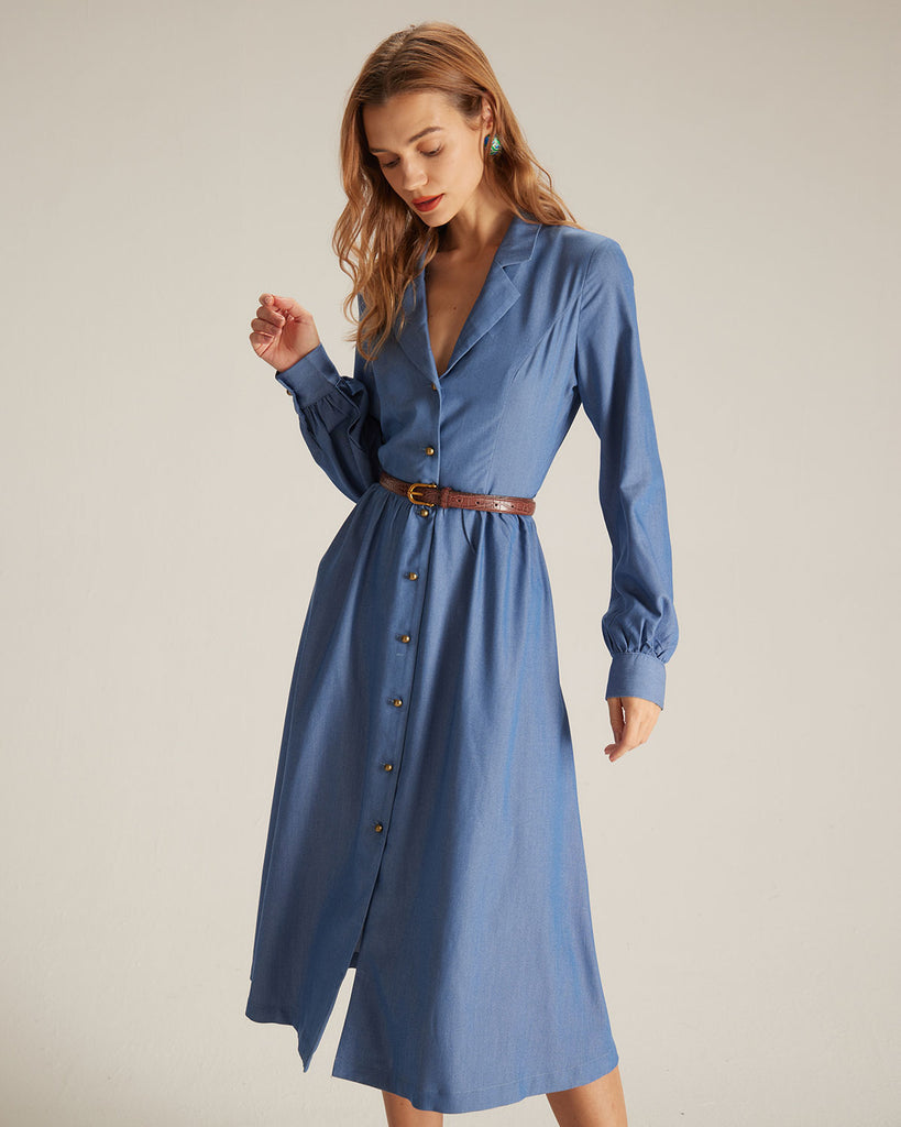 The Blue Single-breasted Midi Dress Dresses - RIHOAS