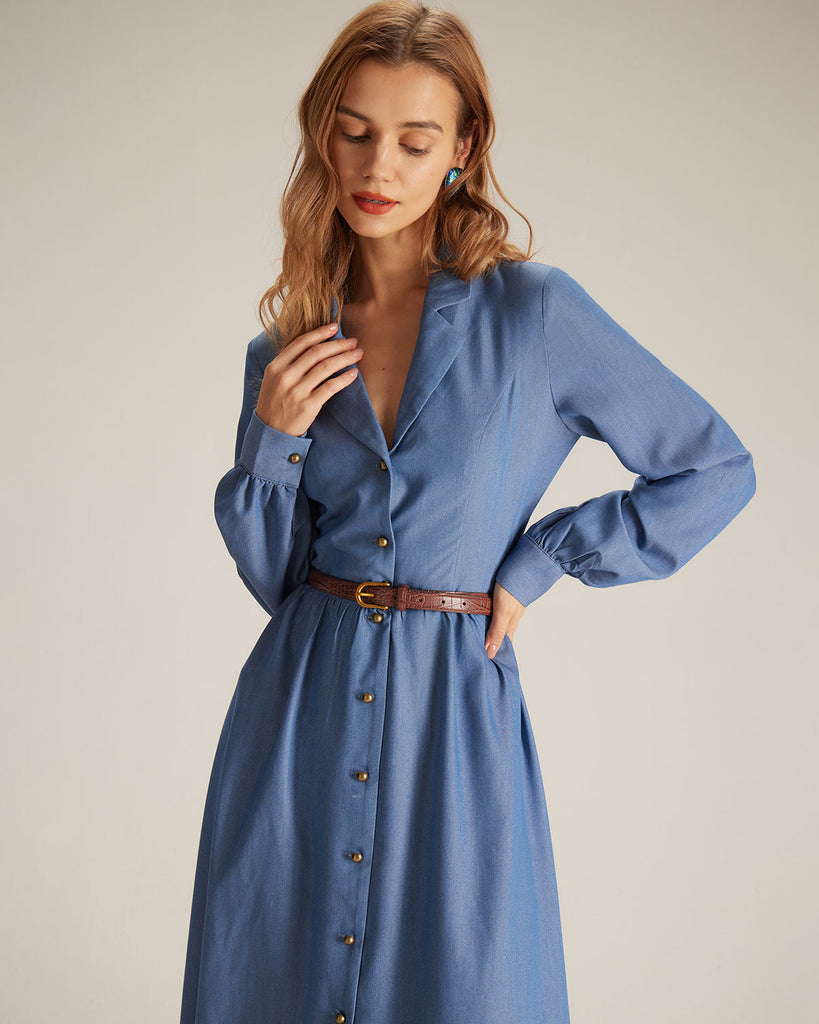The Blue Single-breasted Midi Dress Dresses - RIHOAS