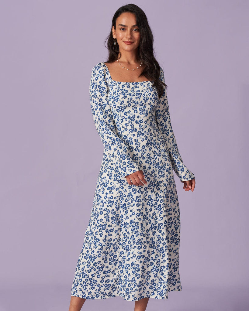 The Blue Square Neck Floral Midi Dress Dresses - RIHOAS