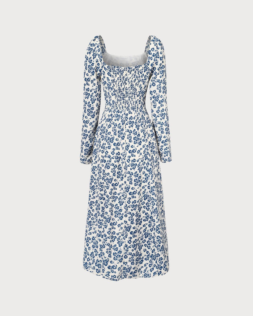 The Blue Square Neck Floral Midi Dress Dresses - RIHOAS