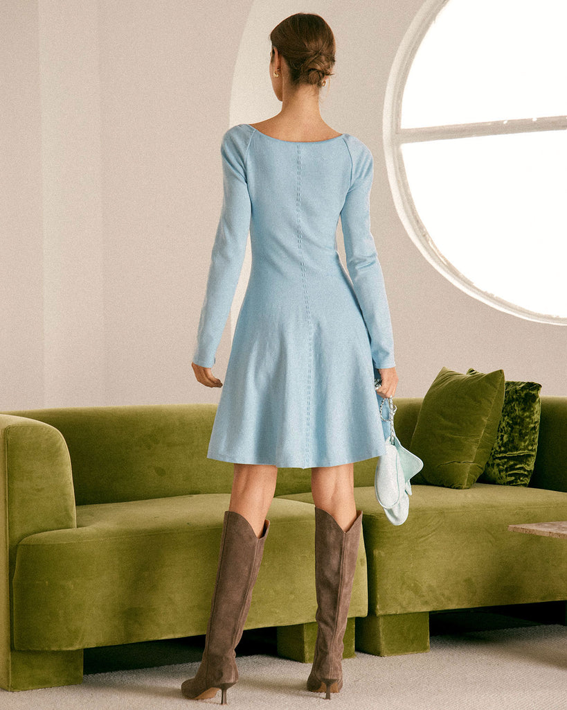 The Blue Square Neck Sweater Dress Dresses - RIHOAS