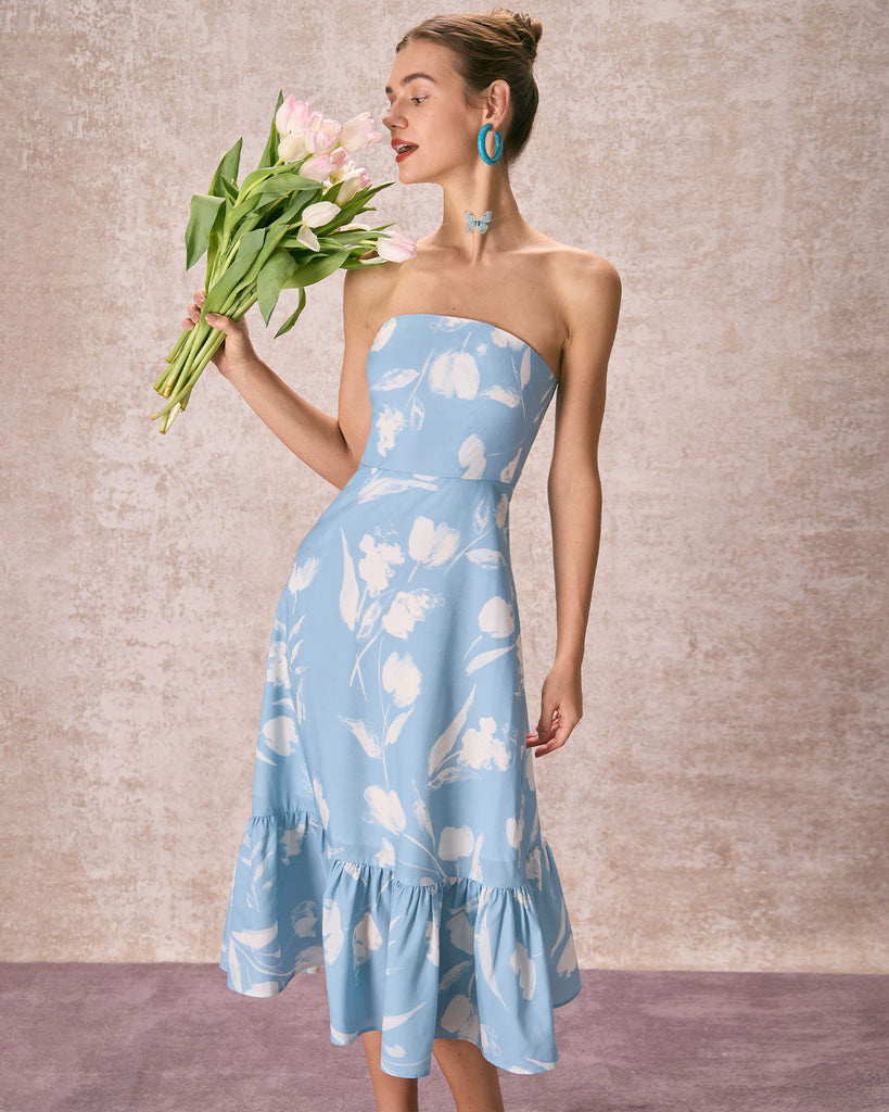 The Blue Strapless Floral Midi Dress Blue Dresses - RIHOAS