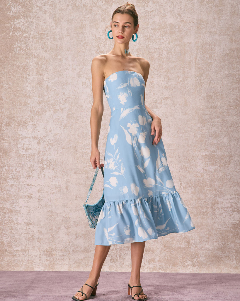 The Blue Strapless Floral Midi Dress Dresses - RIHOAS