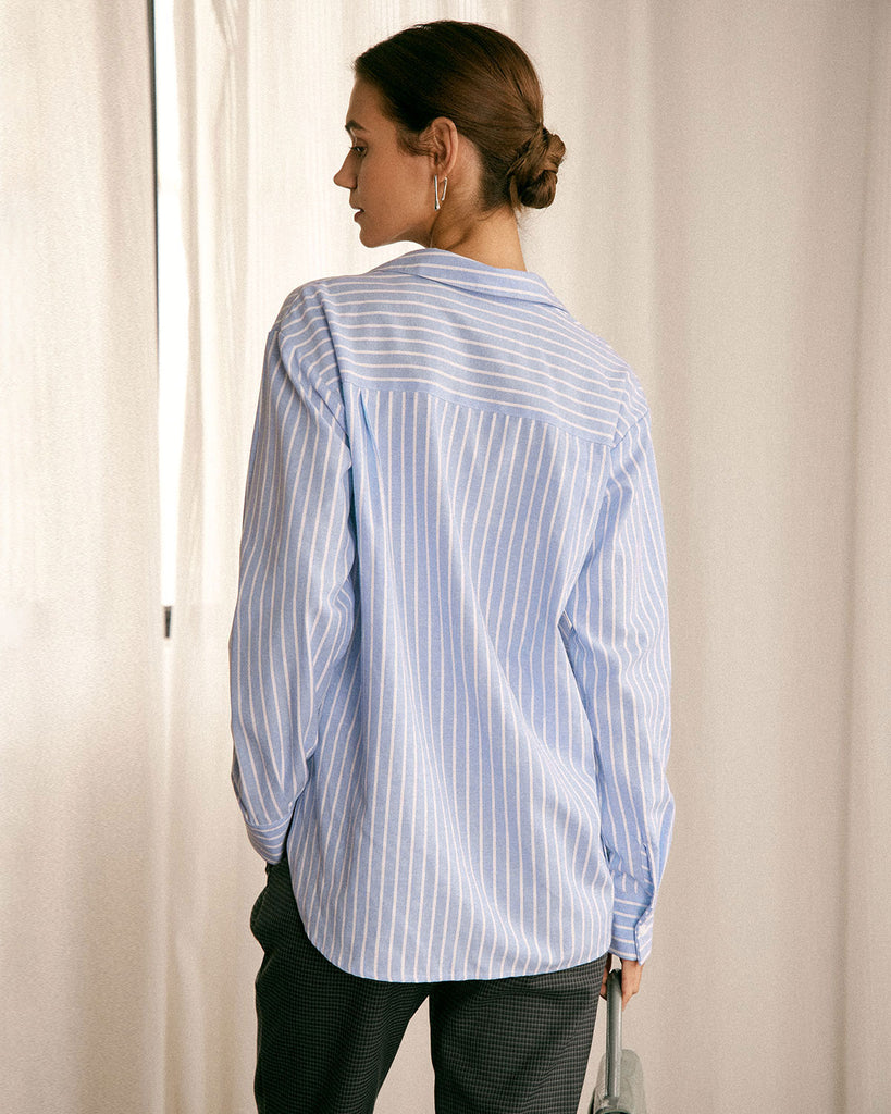 The Blue Striped Long Sleeve Shirt Tops - RIHOAS