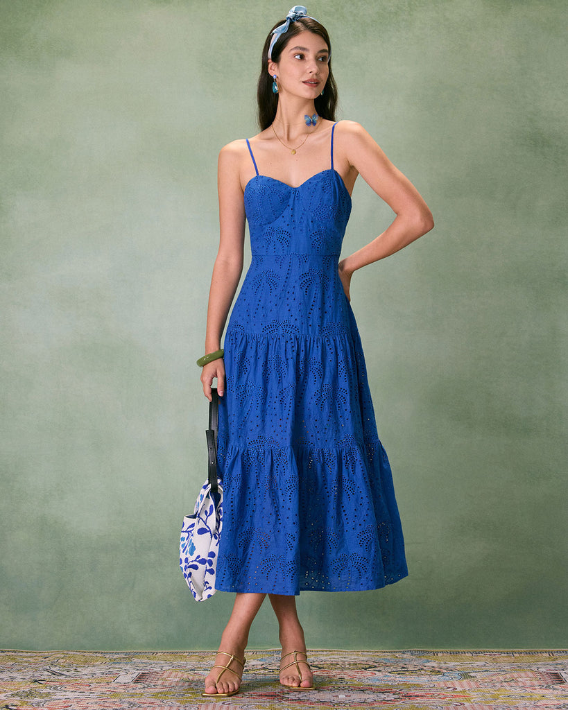 The Blue Sweetheart Neck Embroidery Midi Dress Blue Dresses - RIHOAS