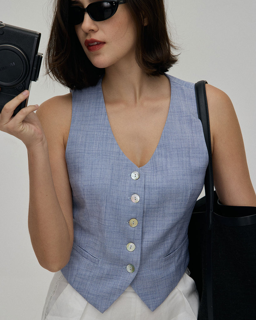 The Blue V-Neck Button Vest Tops - RIHOAS