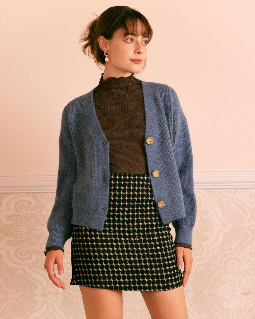 The Blue V-Neck Ribbed Cardigan Blue Tops - RIHOAS