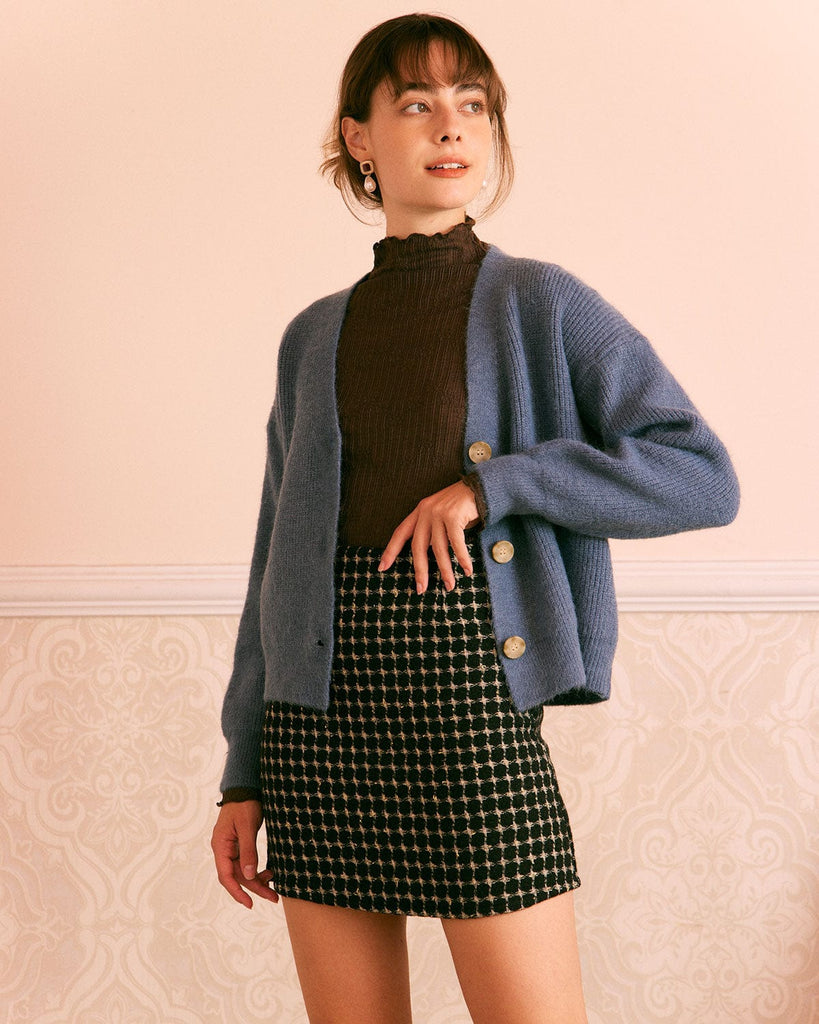 The Blue V-Neck Ribbed Cardigan Tops - RIHOAS