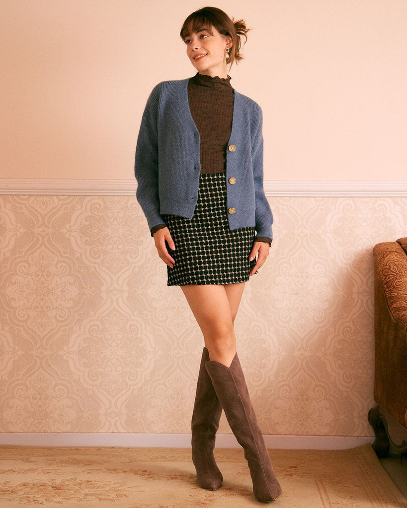 The Blue V-Neck Ribbed Cardigan Tops - RIHOAS