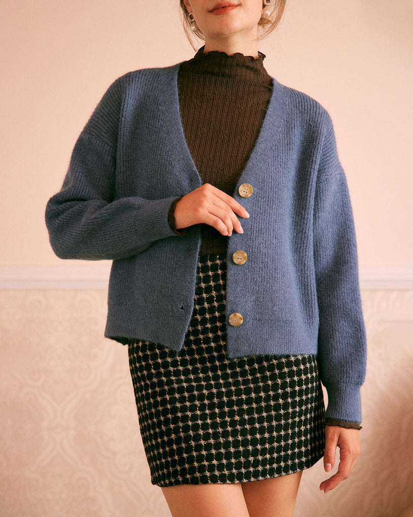 The Blue V-Neck Ribbed Cardigan Tops - RIHOAS