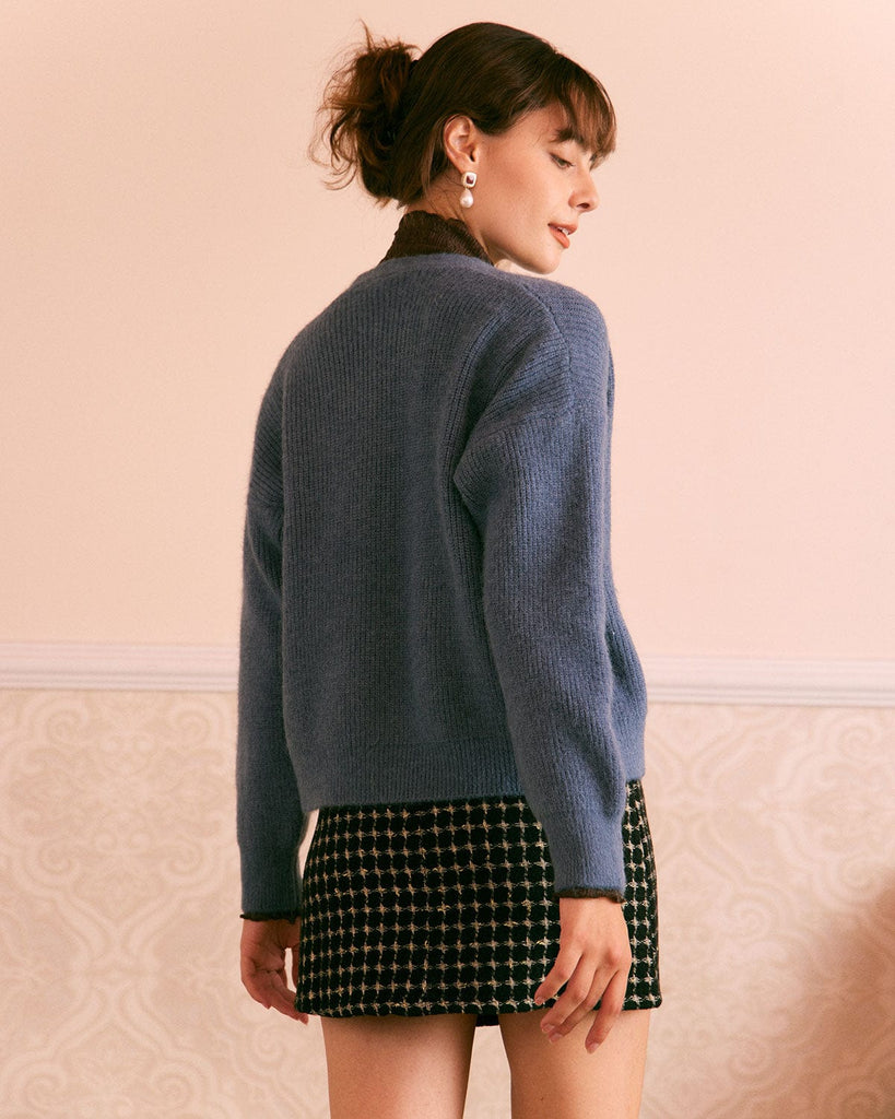 The Blue V-Neck Ribbed Cardigan Tops - RIHOAS