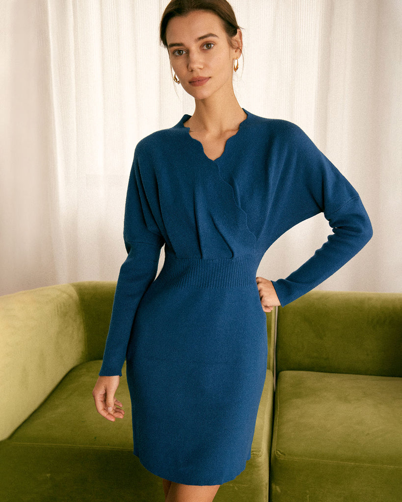 The Blue V Neck Scalloped Sweater Dress Blue Dresses - RIHOAS