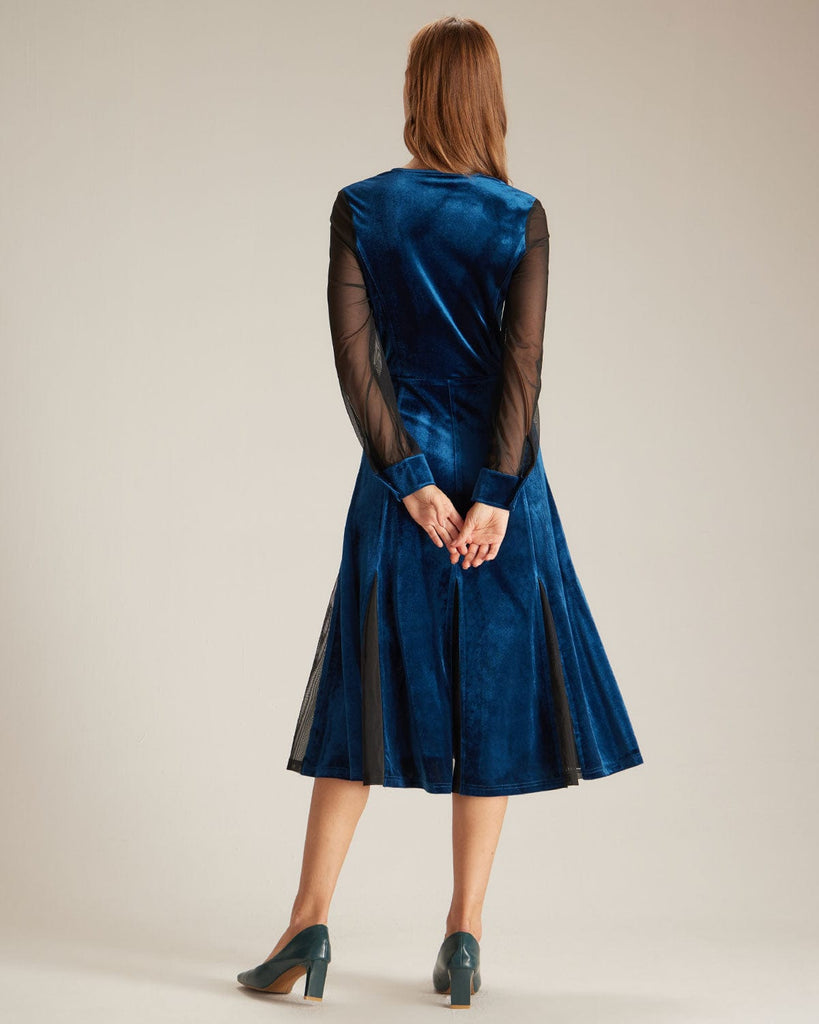 The Blue V Neck Velvet Mesh Midi Dress Dresses - RIHOAS