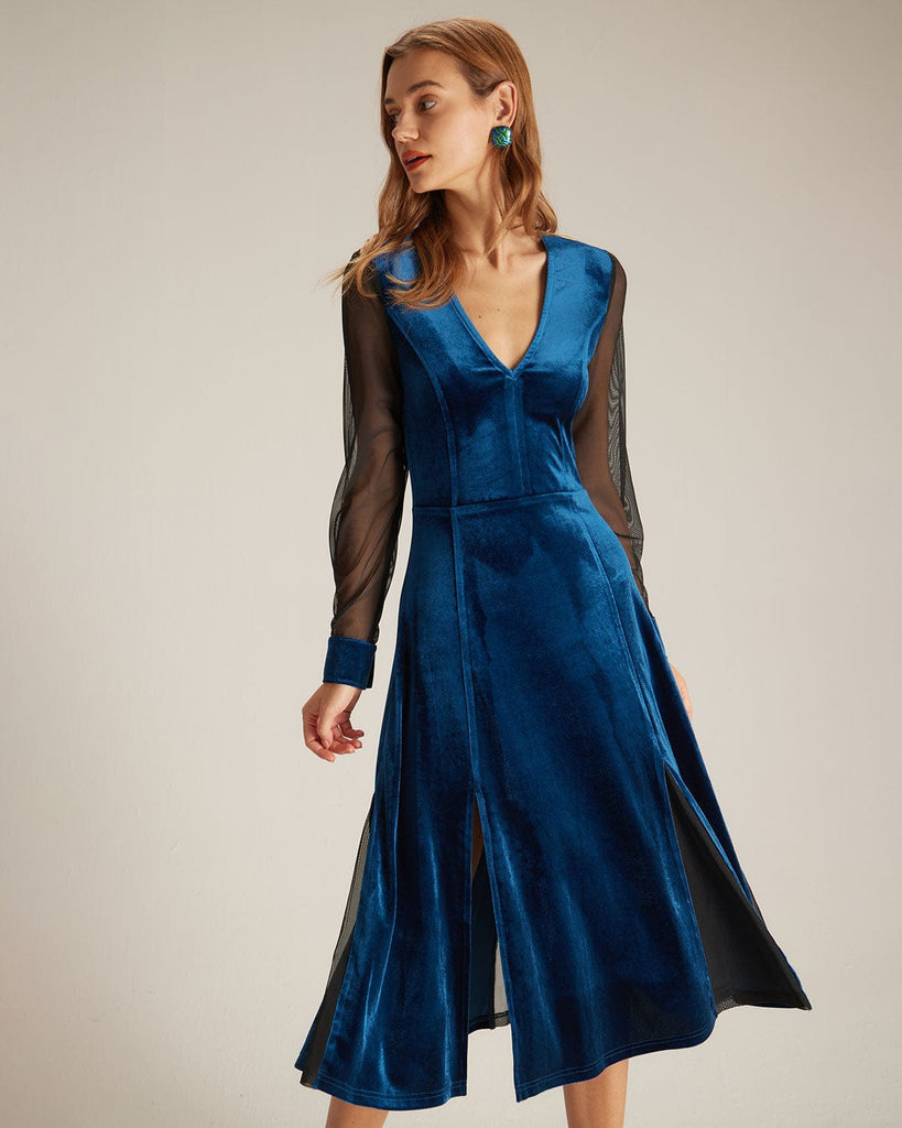 The Blue V Neck Velvet Mesh Midi Dress Dresses - RIHOAS
