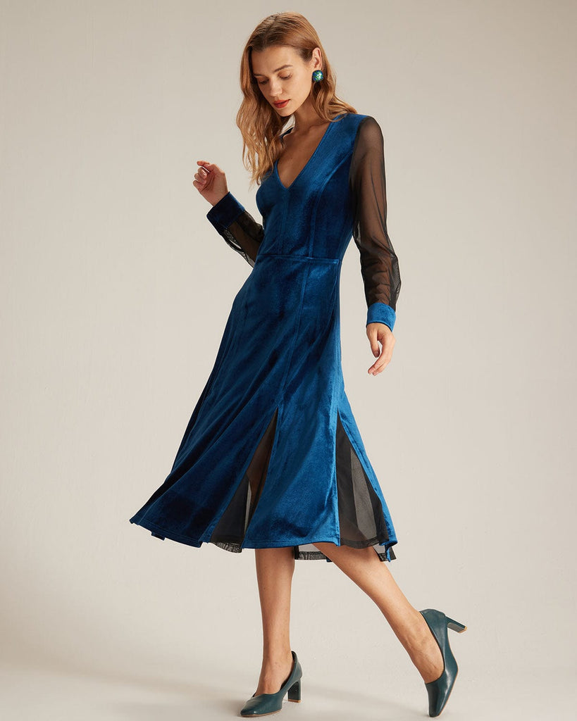 The Blue V Neck Velvet Mesh Midi Dress Dresses - RIHOAS