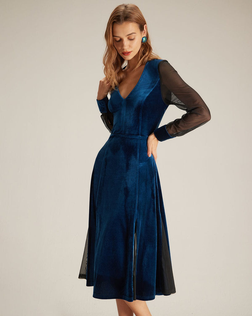 The Blue V Neck Velvet Mesh Midi Dress Dresses - RIHOAS