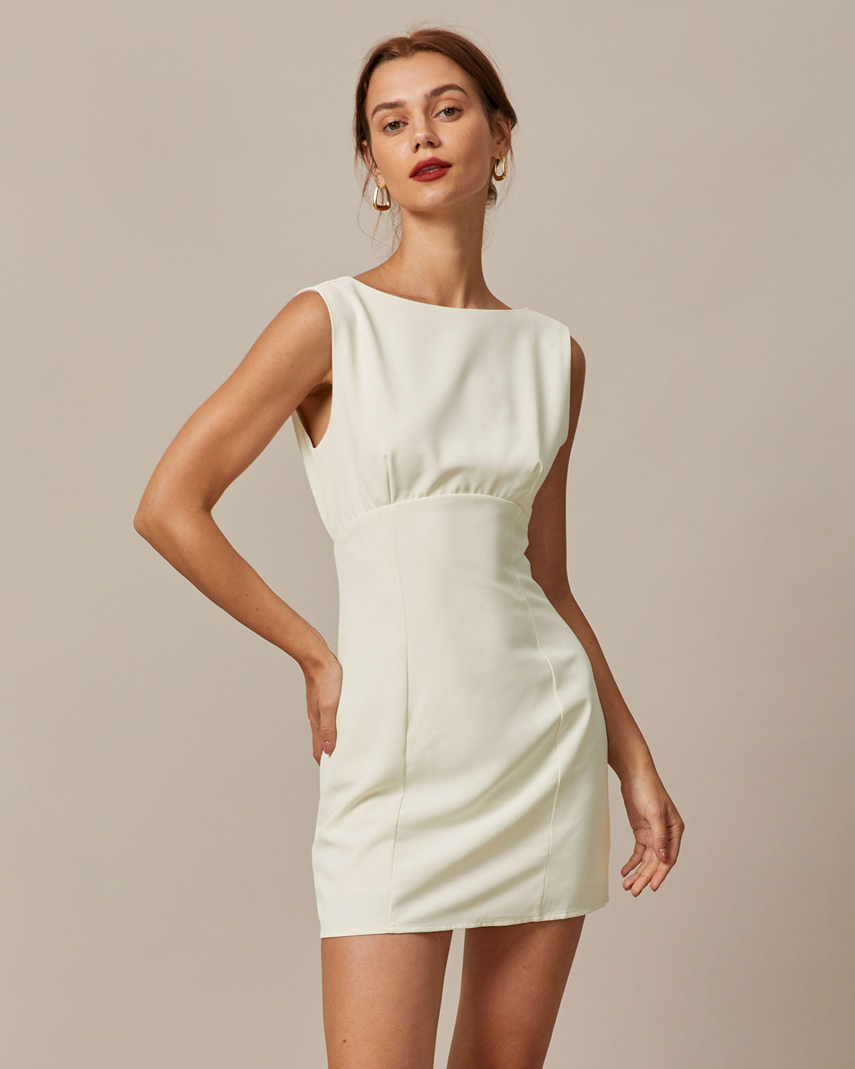 white dress with back out The Beige Boat Neck Back Bowknot Mini Dress & Reviews - Beige - Dresses