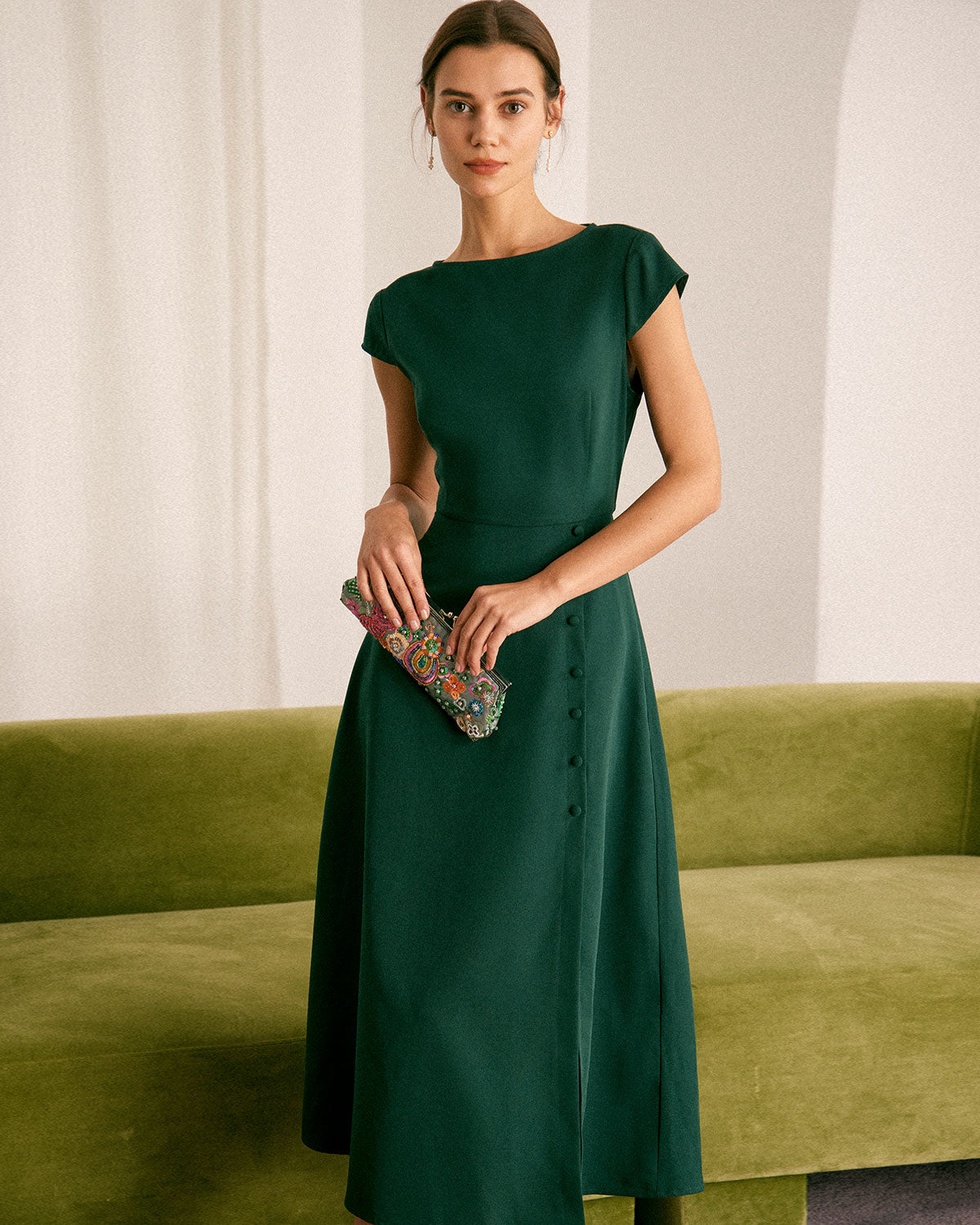 The Green Boat Neck Cutout Back Midi Dress - Main Image