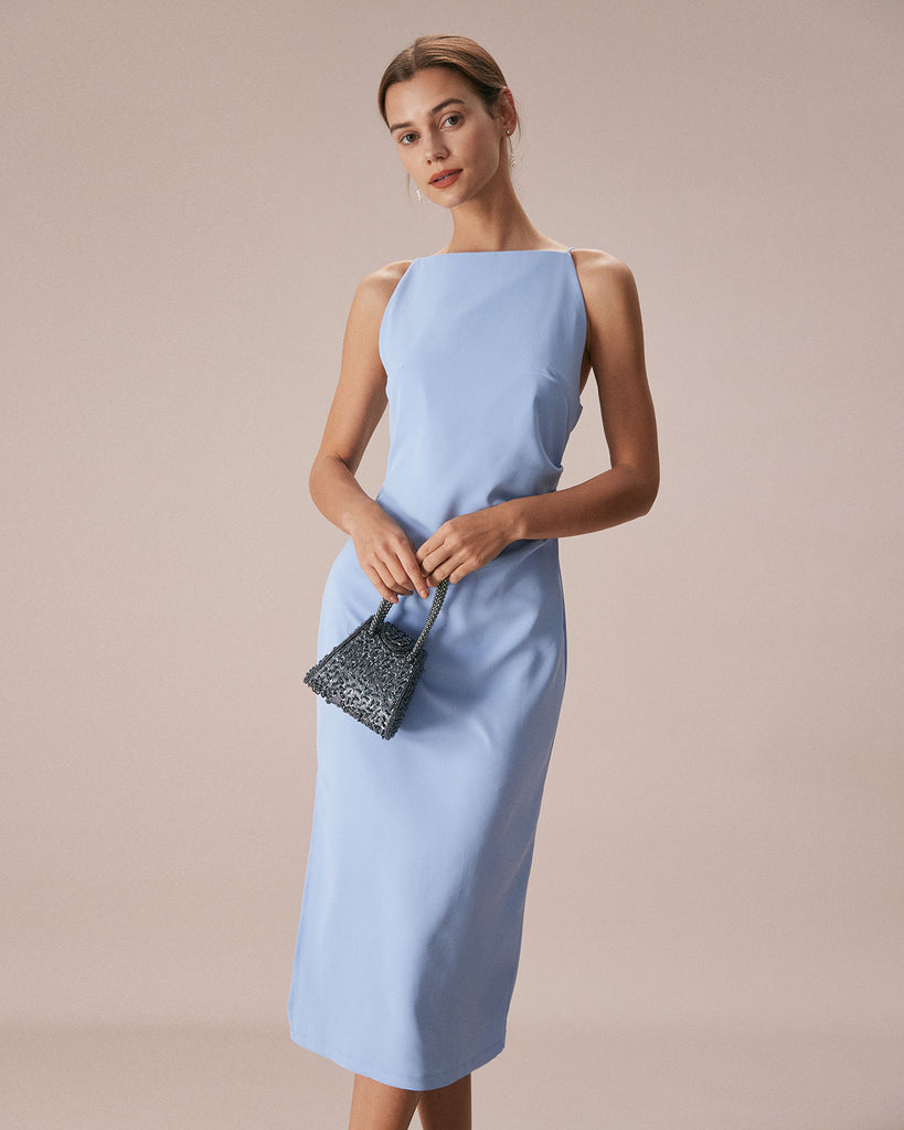 The Boat Neck Strap Slim Dress Blue Dresses - RIHOAS