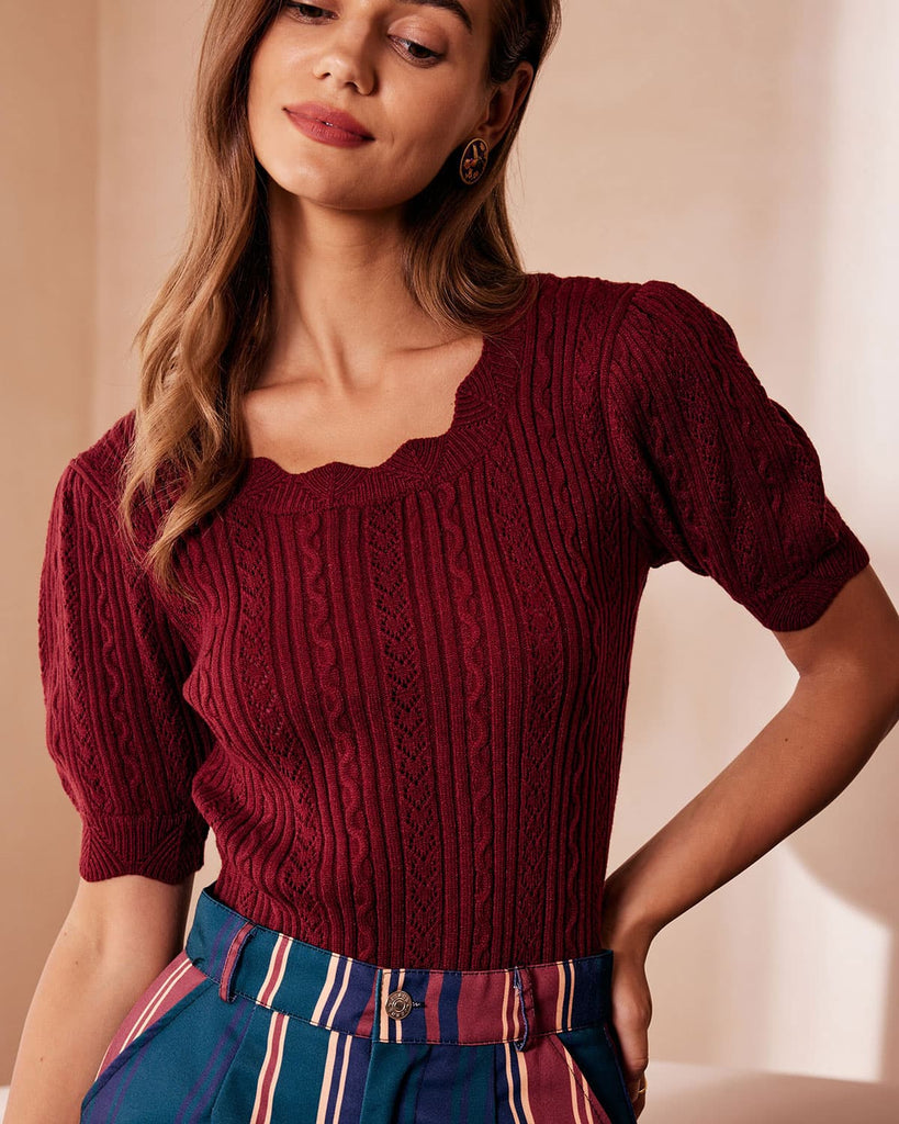 The Brick Red Scalloped Pointelle Knit Tee Tops - RIHOAS