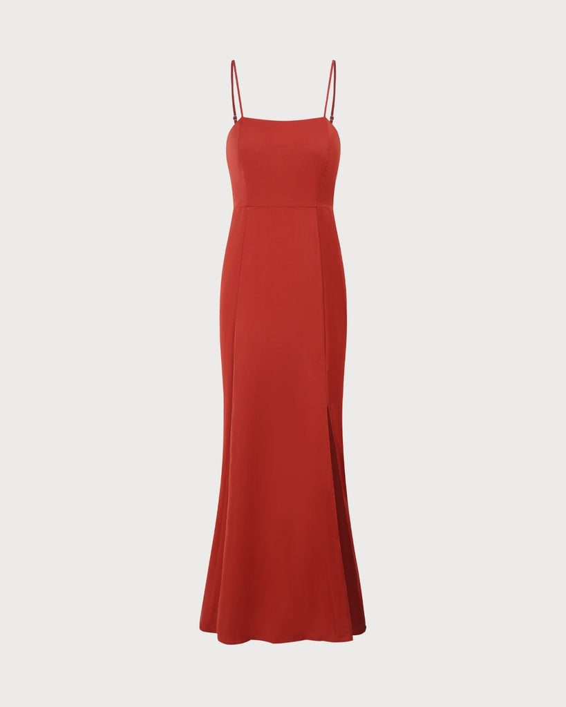 The Brick Red Split Slip Maxi Dress Dresses - RIHOAS