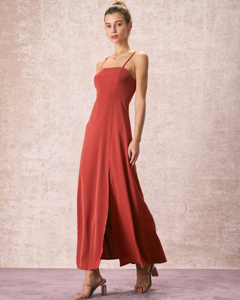 The Brick Red Split Slip Maxi Dress Dresses - RIHOAS