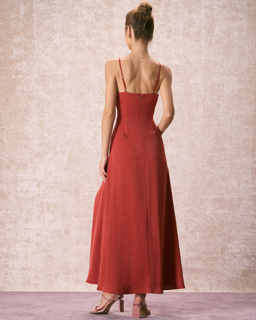 The Brick Red Split Slip Maxi Dress Dresses - RIHOAS