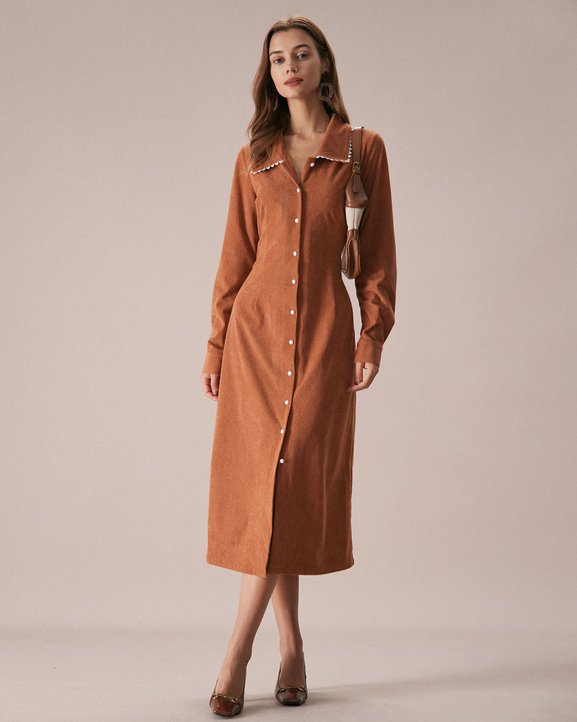 The Brown Collared Corduroy Midi Dress Brown Dresses - RIHOAS