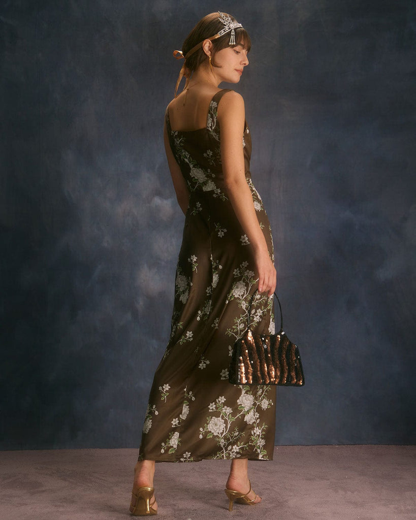 The Brown Floral Satin Maxi Dress Dresses - RIHOAS