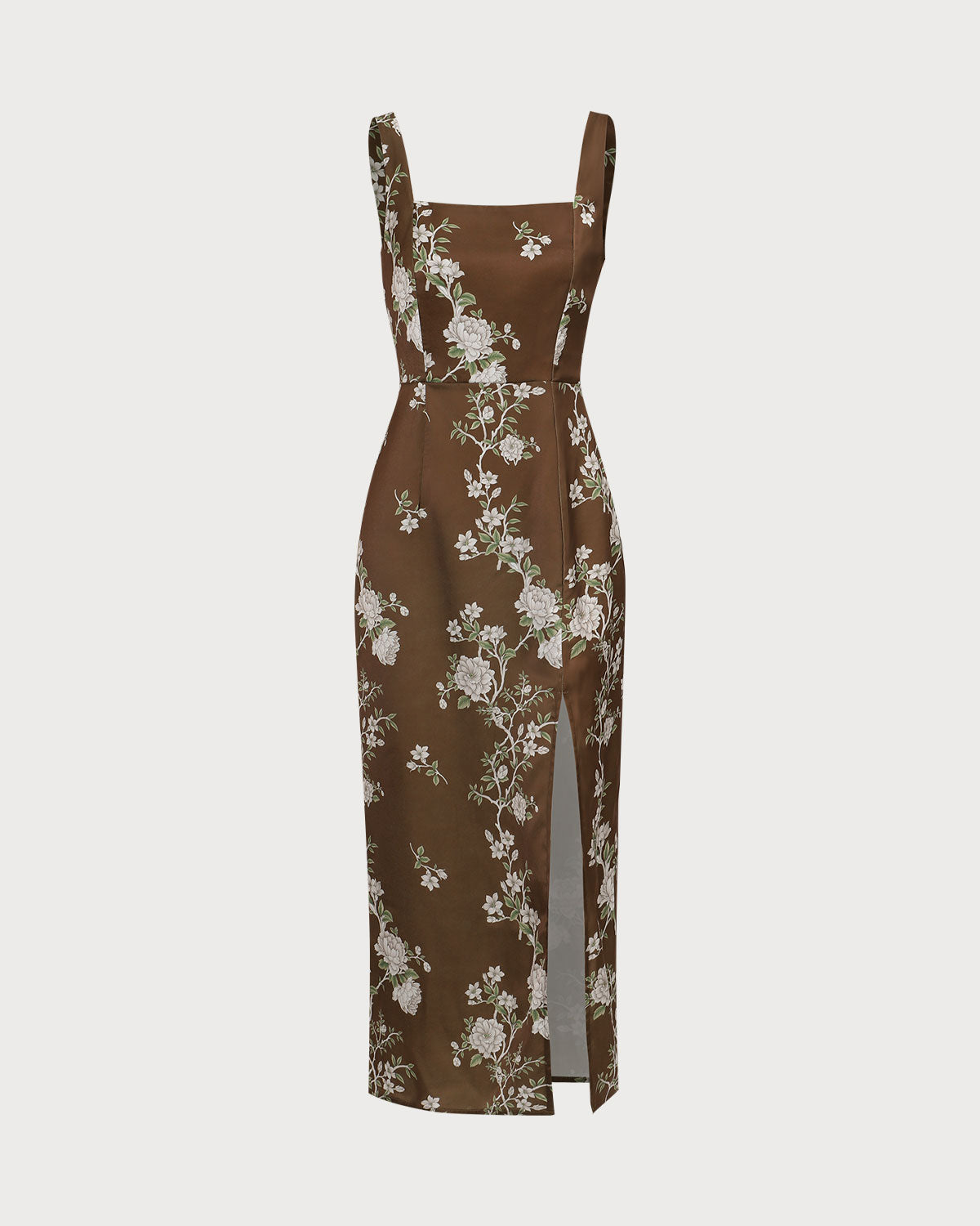 The Brown Square Neck Floral Satin Maxi Dress