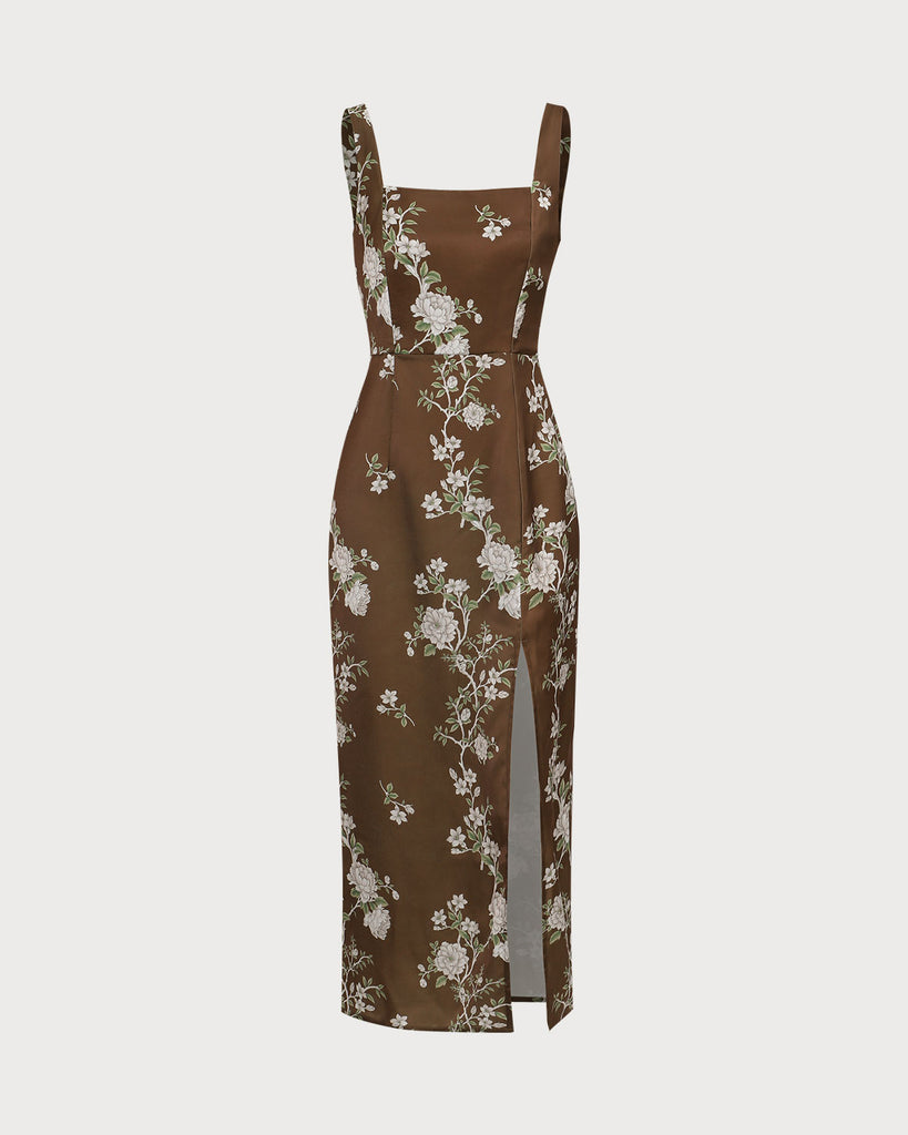 The Brown Floral Satin Maxi Dress Dresses - RIHOAS