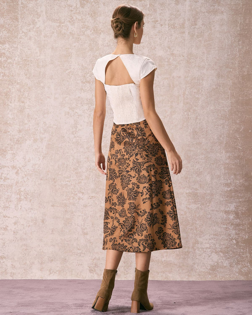 The Brown Floral Suede Midi Skirt Bottoms - RIHOAS