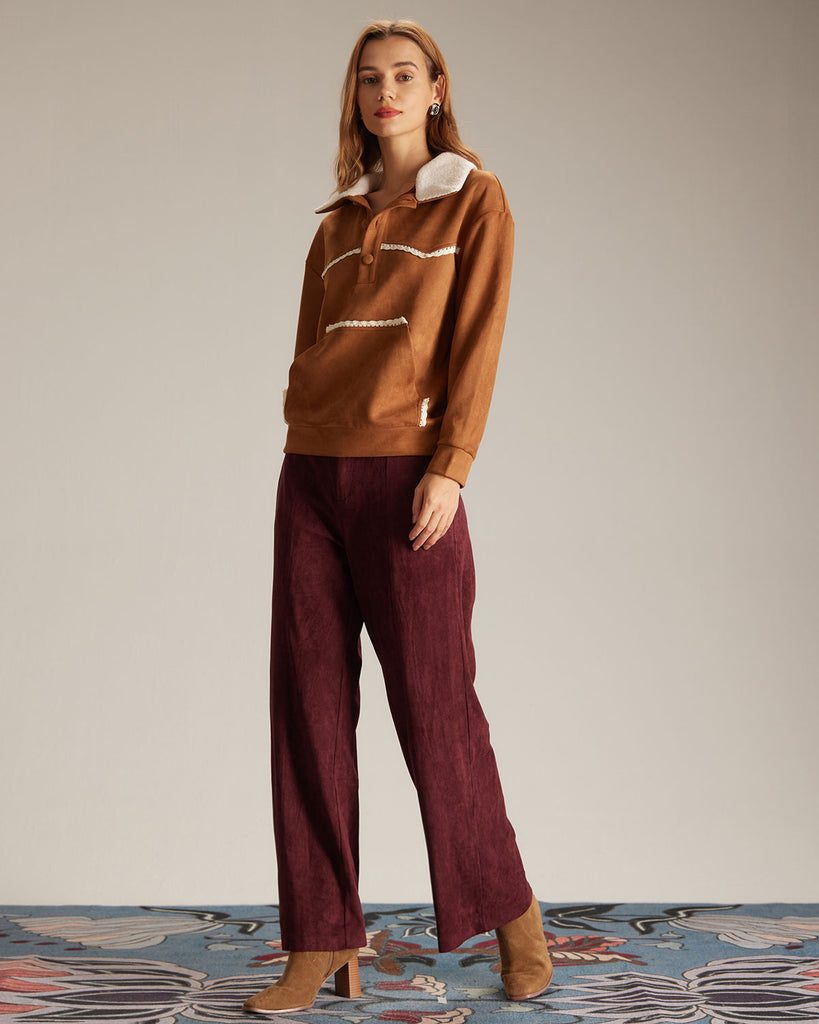 The Brown Half Button Suede Sweatshirt Tops - RIHOAS