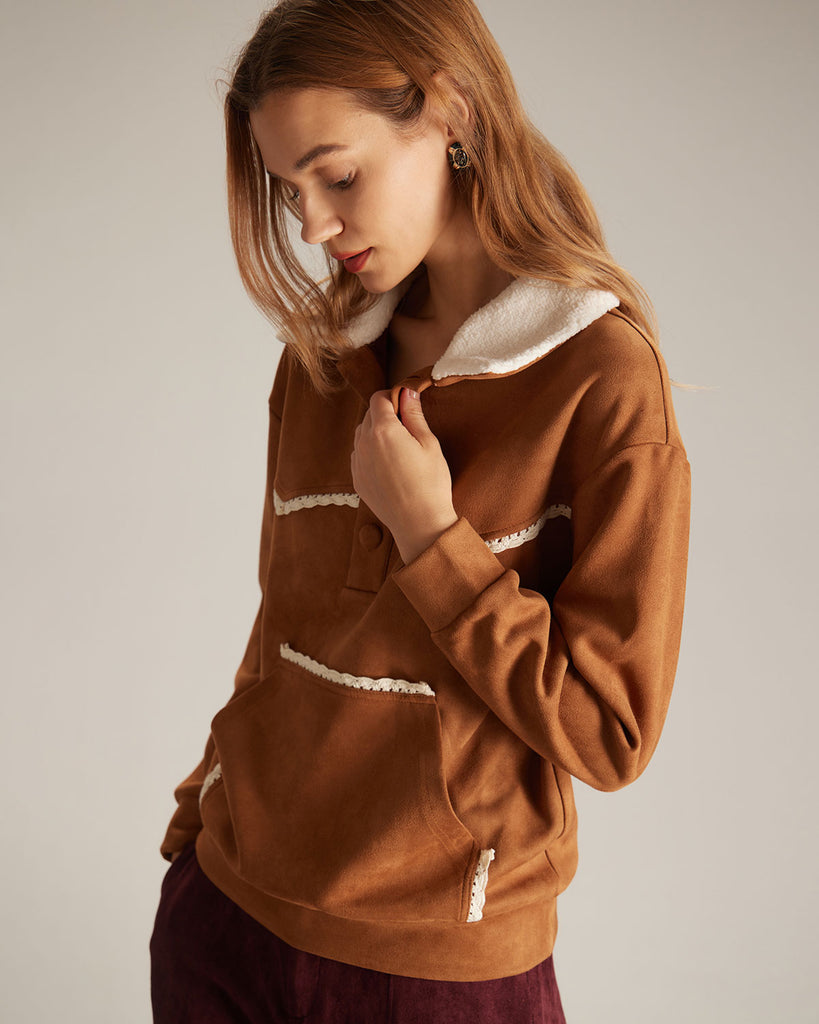 The Brown Half Button Suede Sweatshirt Tops - RIHOAS
