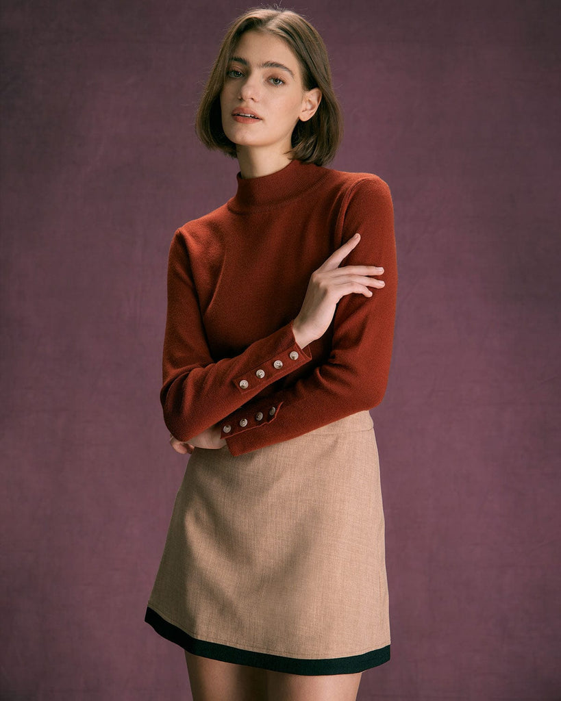 The Brown Mock Neck Button Knit Top Brown Tops - RIHOAS