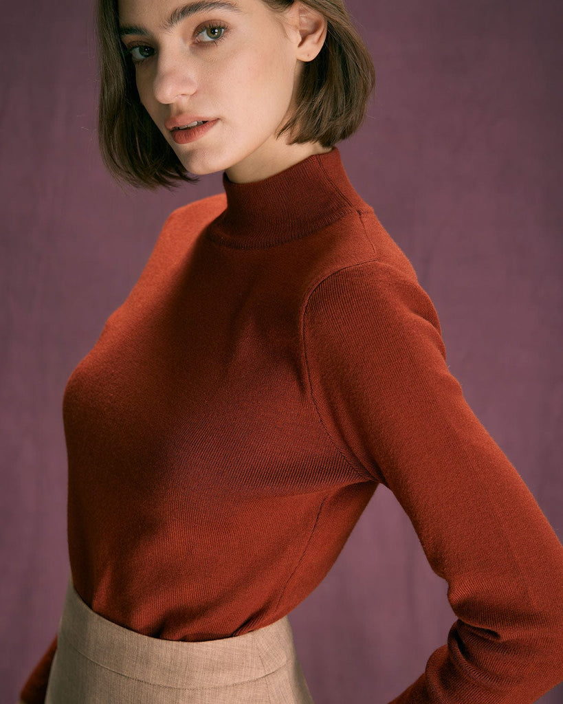 The Brown Mock Neck Button Knit Top Tops - RIHOAS