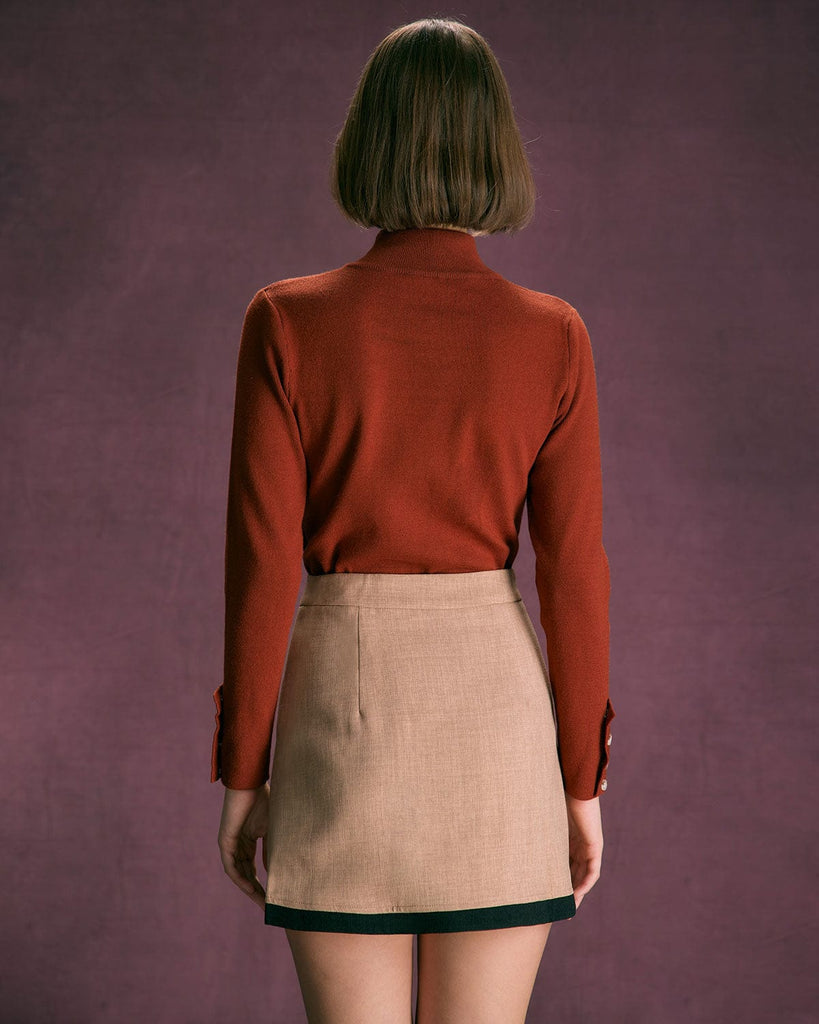The Brown Mock Neck Button Knit Top Tops - RIHOAS
