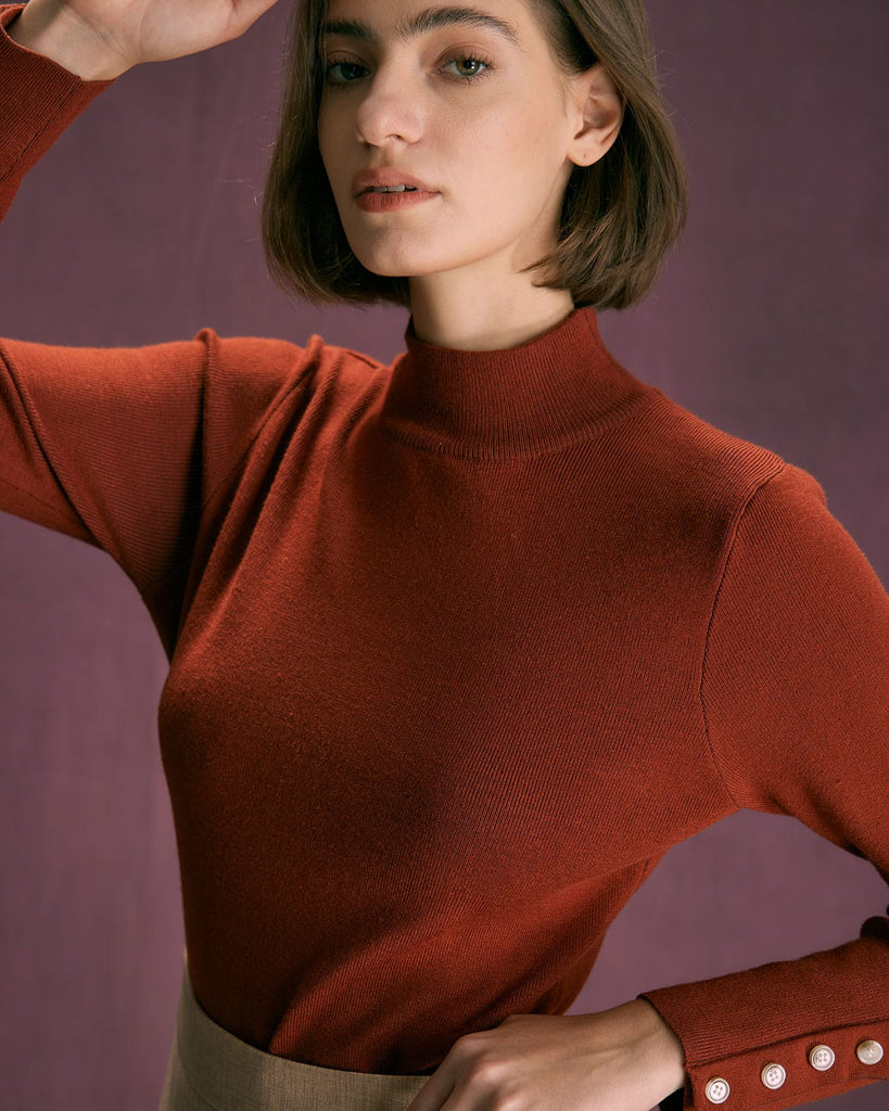 The Brown Mock Neck Button Knit Top Tops - RIHOAS